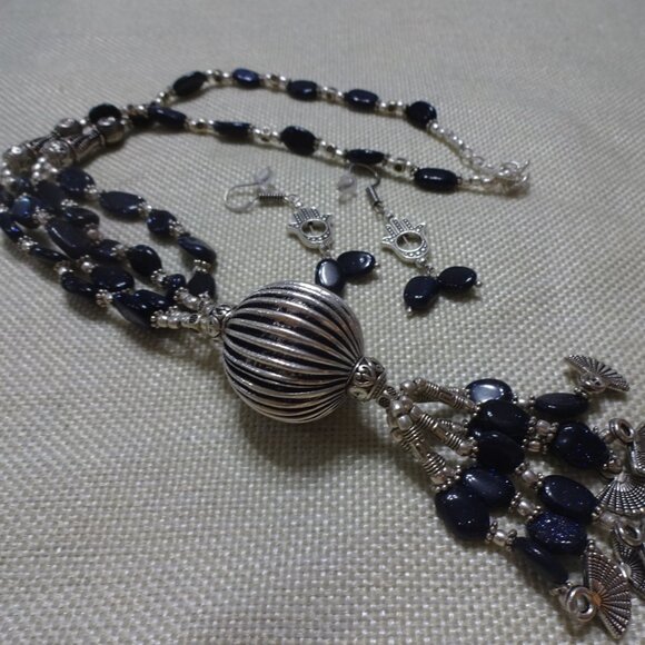 Unique BLUE SUNSTONE & ORNATE SILVER Handmade 26" Necklace with Earrings #166C - Picture 3 of 4